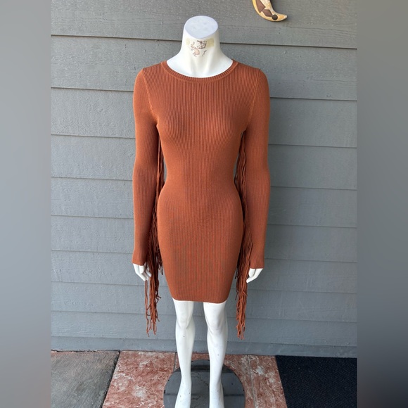 Hera Collection Dresses & Skirts - Hera Collection Long-Sleeve Ribbed Fringe Dress in Rust